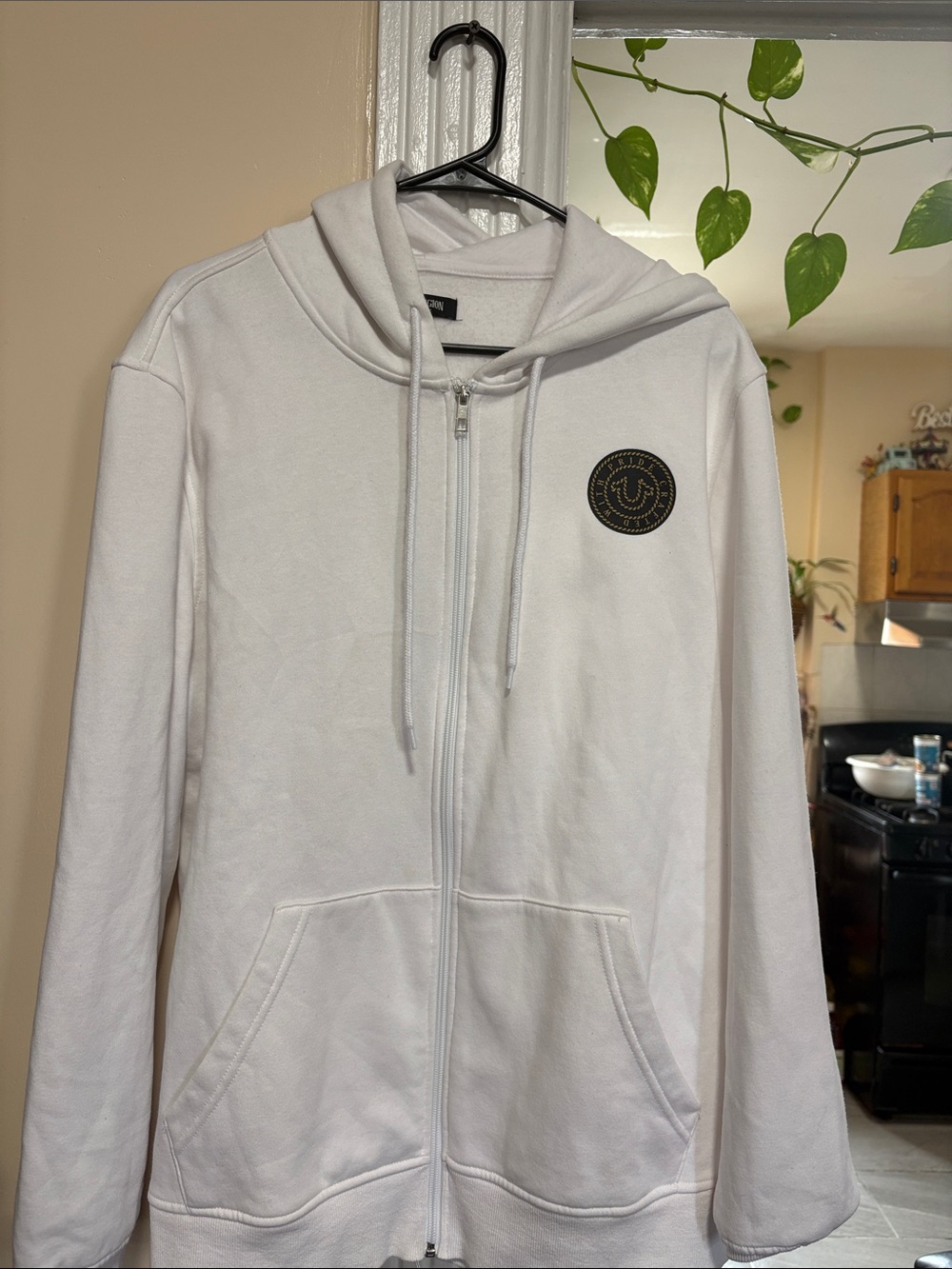 True Religion White Zip-Up Hoodie with Logo Patch